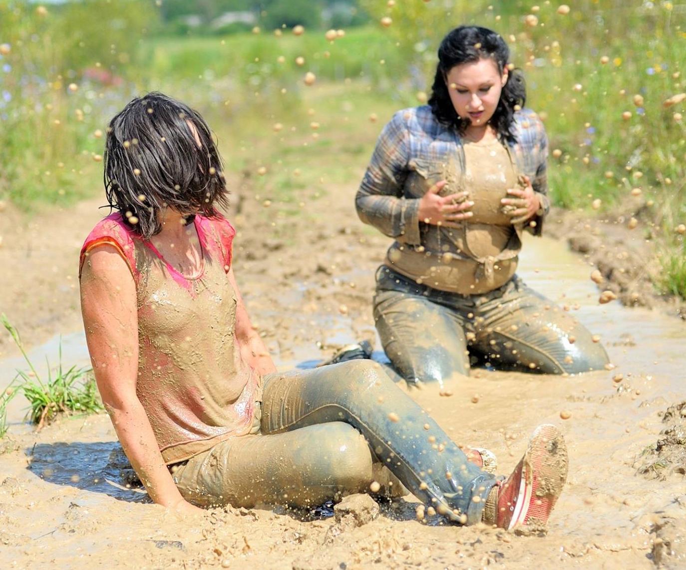 Two Brunette Messy Girls wearing Muddy Blue Denim Jeans and Muddy Shirts